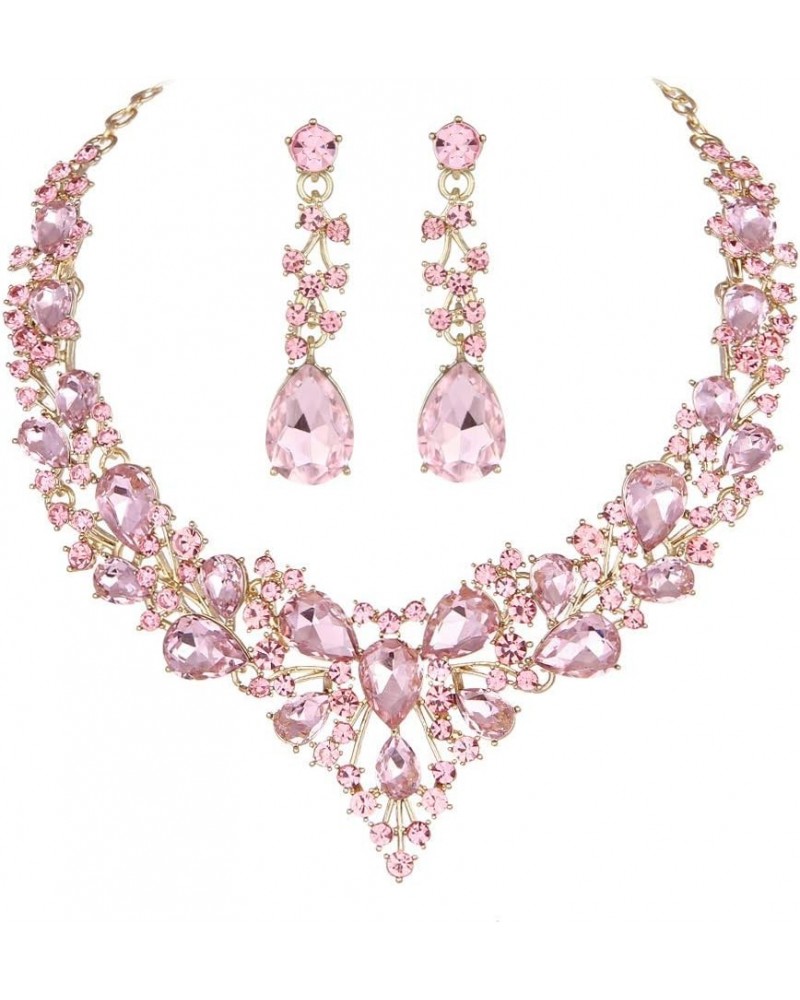 Bridal Austrian Crystal Necklace and Earrings Jewelry Set Gifts fit with Wedding Dress Pink-Gold tone $14.99 Jewelry Sets