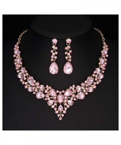 Bridal Austrian Crystal Necklace and Earrings Jewelry Set Gifts fit with Wedding Dress Pink-Gold tone $14.99 Jewelry Sets