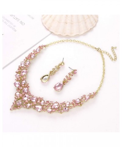 Bridal Austrian Crystal Necklace and Earrings Jewelry Set Gifts fit with Wedding Dress Pink-Gold tone $14.99 Jewelry Sets