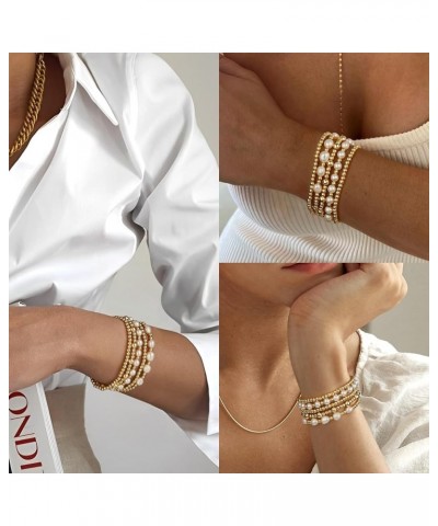 Gold Beaded Bracelets for Women, 14K Gold Plated Natural Pearl Bracelets Gold Stackable Stretch Bead Ball Bracelet Set Jewelr...