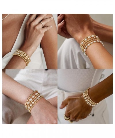 Gold Beaded Bracelets for Women, 14K Gold Plated Natural Pearl Bracelets Gold Stackable Stretch Bead Ball Bracelet Set Jewelr...