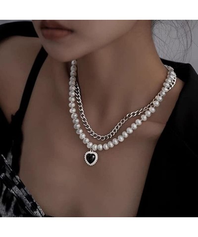 Women Y2K Aesthetic Heart Charm Faux Pearl Layered Chain Necklace Gothic Choker Necklace Jewelry Punk Y2k Fashion Outfit Retr...