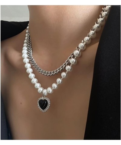 Women Y2K Aesthetic Heart Charm Faux Pearl Layered Chain Necklace Gothic Choker Necklace Jewelry Punk Y2k Fashion Outfit Retr...