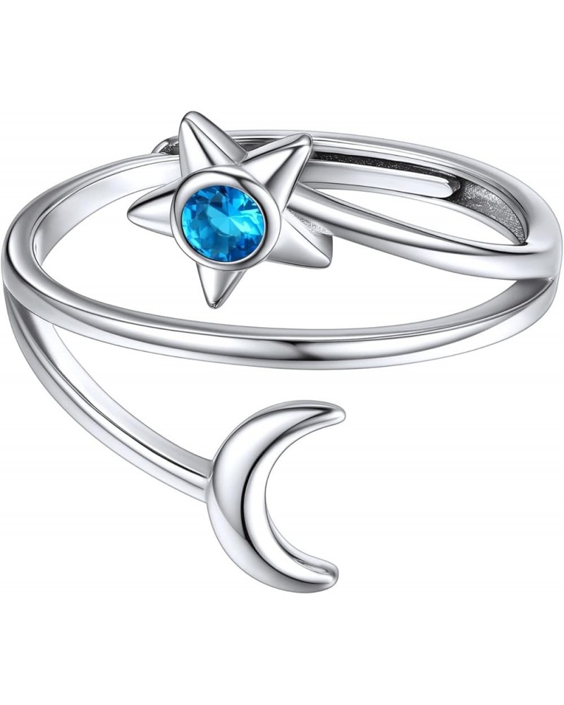 Moon and Star Ring 925 Sterling Silver Birthstone Crescent Moon Adjustable Wrap Open Band Rings Birthday Gift for Women 12. D...