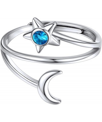 Moon and Star Ring 925 Sterling Silver Birthstone Crescent Moon Adjustable Wrap Open Band Rings Birthday Gift for Women 12. D...