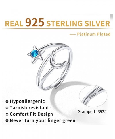 Moon and Star Ring 925 Sterling Silver Birthstone Crescent Moon Adjustable Wrap Open Band Rings Birthday Gift for Women 12. D...