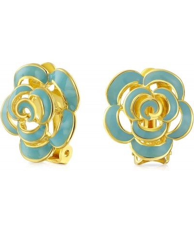 Fashion Enamel 3D Blue White Rose Flower Clip On or Pierced Earrings Button Style Non-Pierced Ears 14K Gold Plated Simulated ...