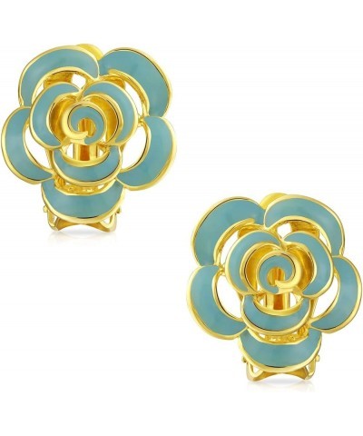 Fashion Enamel 3D Blue White Rose Flower Clip On or Pierced Earrings Button Style Non-Pierced Ears 14K Gold Plated Simulated ...