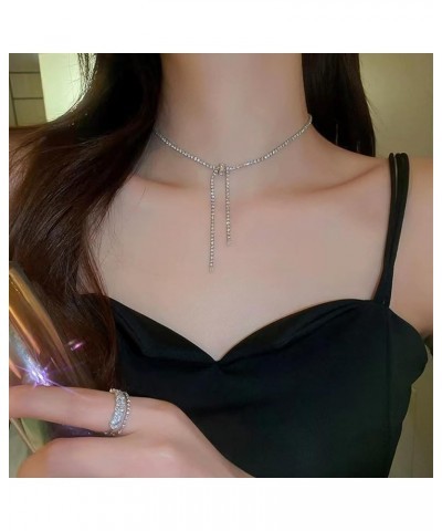 Bow Necklace Sparkly Rhinestone Necklaces for Women Diamond Bowknot Tassel Choker Dainty Tennis Necklace for Wedding Prom Jew...