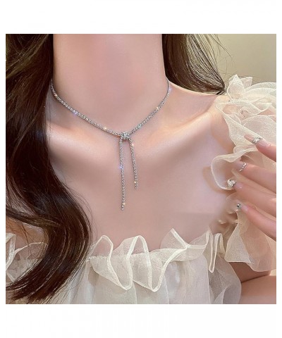 Bow Necklace Sparkly Rhinestone Necklaces for Women Diamond Bowknot Tassel Choker Dainty Tennis Necklace for Wedding Prom Jew...