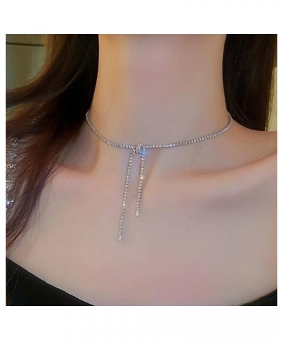 Bow Necklace Sparkly Rhinestone Necklaces for Women Diamond Bowknot Tassel Choker Dainty Tennis Necklace for Wedding Prom Jew...