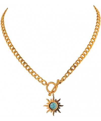 Titanium Steel Thick Chain Gold Necklace Women's Sunflower Turquoise Pendant Choker $10.43 Necklaces