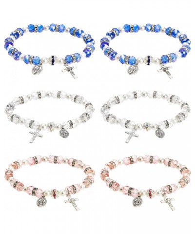 6 Pack Women's Bead Stretch Rosary Bracelet, Crystal Cross Bracelet Catholic Bracelets with Crucifix and Miraculous Medal for...