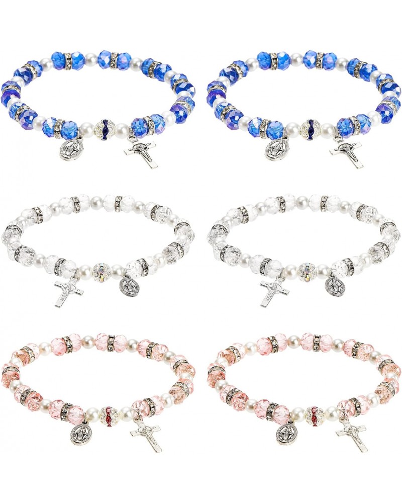 6 Pack Women's Bead Stretch Rosary Bracelet, Crystal Cross Bracelet Catholic Bracelets with Crucifix and Miraculous Medal for...