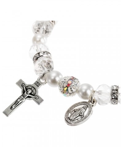 6 Pack Women's Bead Stretch Rosary Bracelet, Crystal Cross Bracelet Catholic Bracelets with Crucifix and Miraculous Medal for...