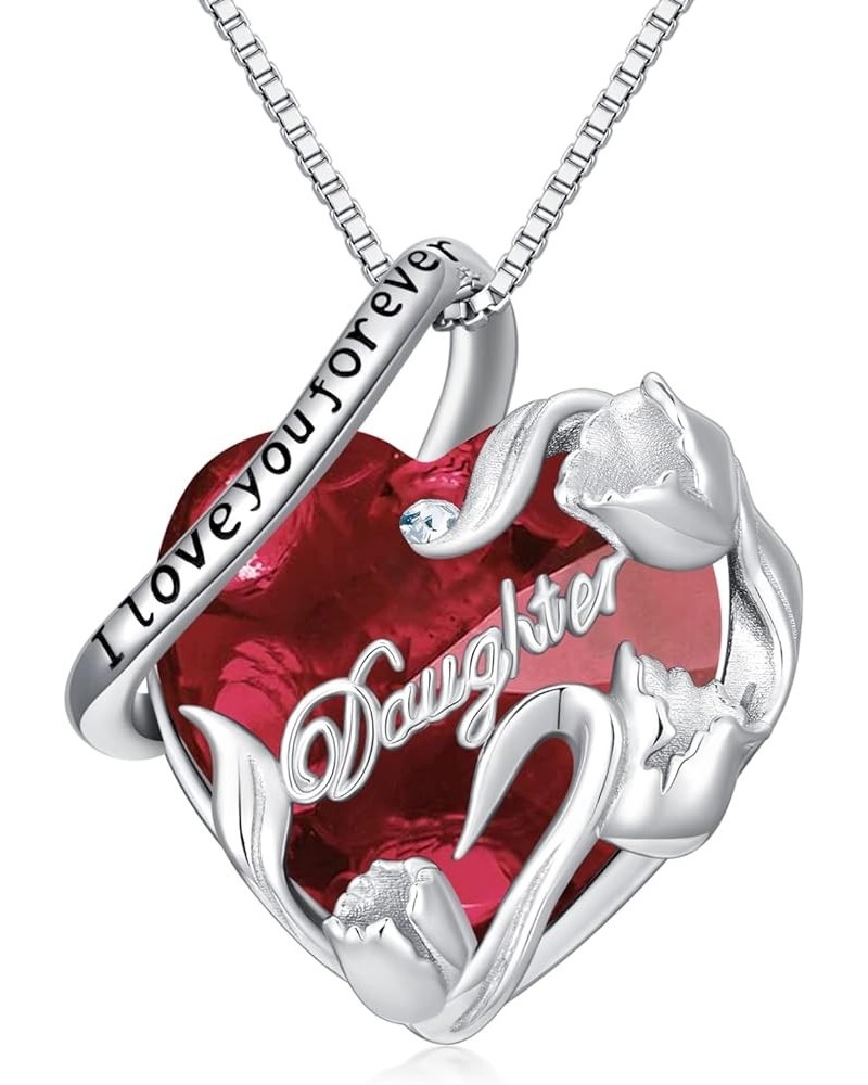 S925 Sterling Silver Daughter Heart Pendant Necklace from Dad Mom I Love You Forever Jewelry 12-01-January-Red $26.88 Necklaces