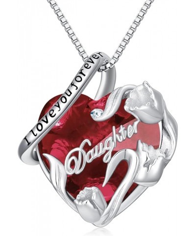 S925 Sterling Silver Daughter Heart Pendant Necklace from Dad Mom I Love You Forever Jewelry 12-01-January-Red $26.88 Necklaces