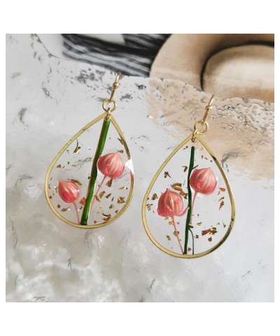 Pressed Flower Earrings for Women Forget-Me-Not Tulip Pink Red Dried Flower Dangly Resin Earrings Teardrop Drop Dangle Natura...