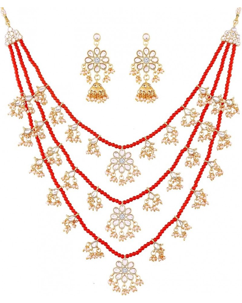 Traditional Indian Bollywood Gold Plated Faux Pearl Three Layered Kundan Fancy Party/Wedding Wear Jewelry Necklace Set for Wo...