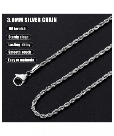 3mm Rope Chain Necklace for Men, Silver Tone Mens Chain Necklace, Stainless Steel Necklace Chain for Men Women and Boys 24.0 ...