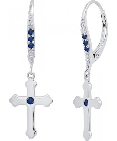 Round Gemstone or Diamond Cross Drop Lever Back Men's & Women's (Unisex) Earrings in 925 Sterling Silver Blue Sapphire $60.22...