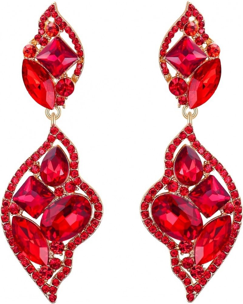 Women's Wedding Bridal Crystal Leaf-Shaped Multi-Rhinestone Dangle Earrings Ruby Color Gold-Tone $9.34 Earrings