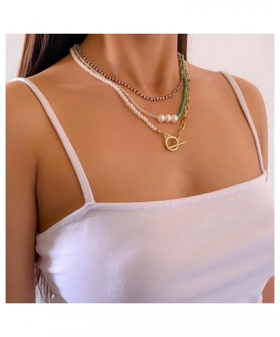 Dainty Layered Necklaces for Women Heart Toggle Necklace Stackable OT Clasp Pearl Necklace For Women Girls Green Layered Pear...