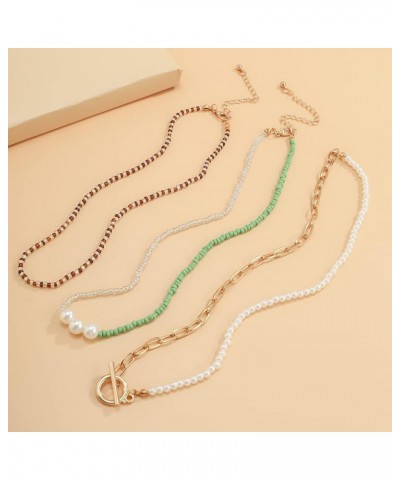 Dainty Layered Necklaces for Women Heart Toggle Necklace Stackable OT Clasp Pearl Necklace For Women Girls Green Layered Pear...