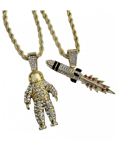 Gold Silver Plated Simulated Diamond Iced Astronaut & Spaceship Rocket Pendant w/ 4mm 24" Rope Chain Necklace Gift Set $10.82...