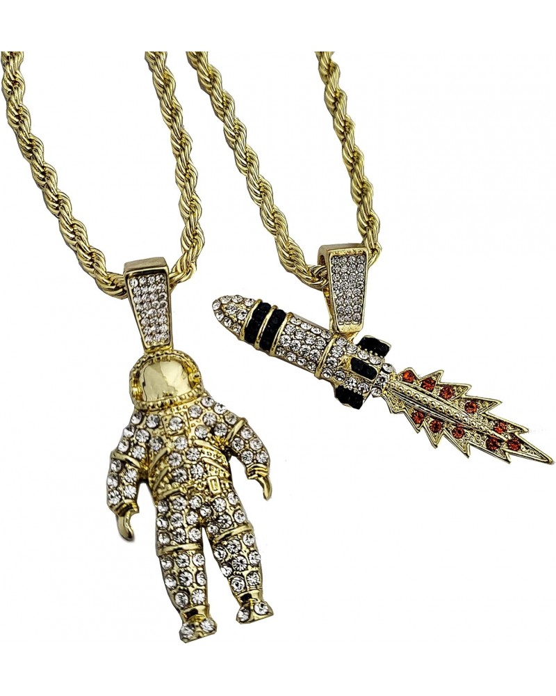 Gold Silver Plated Simulated Diamond Iced Astronaut & Spaceship Rocket Pendant w/ 4mm 24" Rope Chain Necklace Gift Set $10.82...