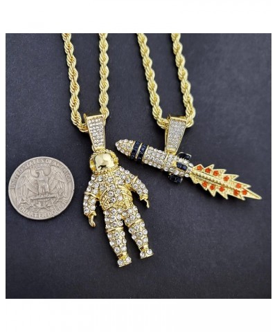 Gold Silver Plated Simulated Diamond Iced Astronaut & Spaceship Rocket Pendant w/ 4mm 24" Rope Chain Necklace Gift Set $10.82...