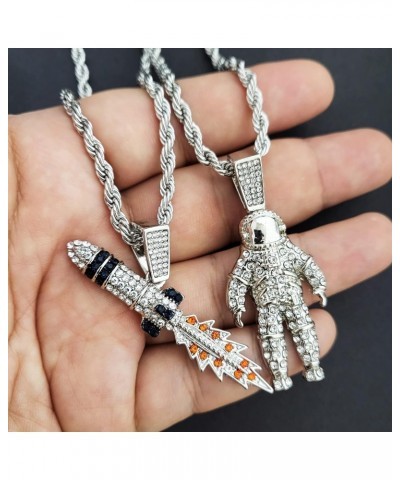 Gold Silver Plated Simulated Diamond Iced Astronaut & Spaceship Rocket Pendant w/ 4mm 24" Rope Chain Necklace Gift Set $10.82...