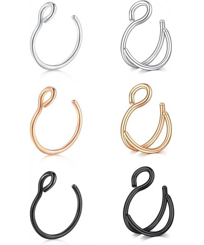 Fake Nose Ring Faux Nose Ring Fake Nose Ring Hoop Double Fake Nose Ring Fake Nose Piercing for Women Men Silver Rose Gold Bla...