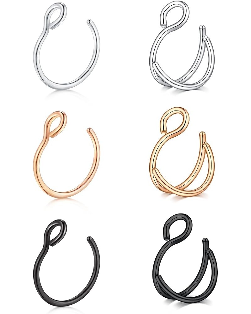 Fake Nose Ring Faux Nose Ring Fake Nose Ring Hoop Double Fake Nose Ring Fake Nose Piercing for Women Men Silver Rose Gold Bla...