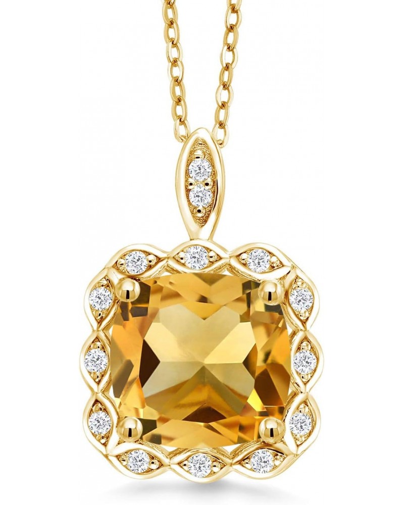 18K Yellow Gold Plated Silver Yellow Citrine Pendant Necklace For Women (3.74 Cttw, Cushion Checkerboard 10MM, Gemstone Birth...