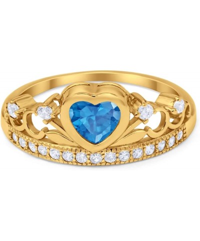 Heart Crown Ring Half Eternity Simulated Cubic Zirconia 925 Sterling Silver Choose Color Yellow Tone, Simulated Swiss Blue To...