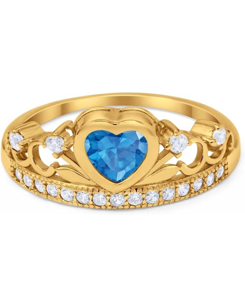 Heart Crown Ring Half Eternity Simulated Cubic Zirconia 925 Sterling Silver Choose Color Yellow Tone, Simulated Swiss Blue To...