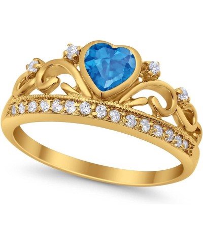 Heart Crown Ring Half Eternity Simulated Cubic Zirconia 925 Sterling Silver Choose Color Yellow Tone, Simulated Swiss Blue To...