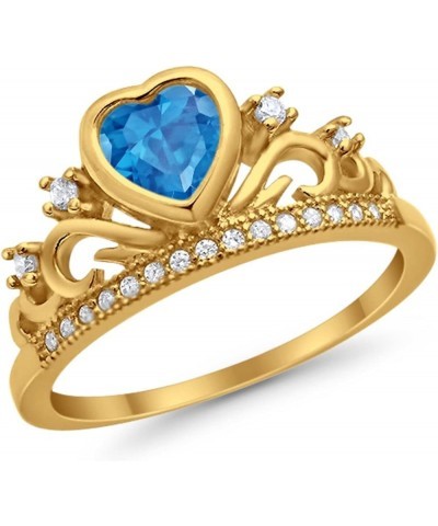 Heart Crown Ring Half Eternity Simulated Cubic Zirconia 925 Sterling Silver Choose Color Yellow Tone, Simulated Swiss Blue To...