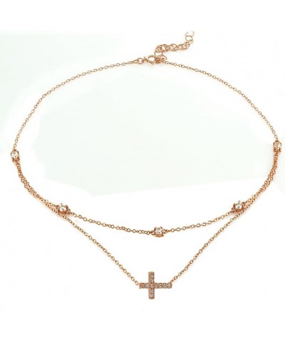 Sterling Silver Cubic Zirconia Sideways Cross Layered Choker Necklace rose-gold-flashed-silver $17.09 Necklaces