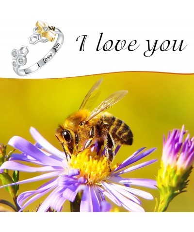 925-Sterling-Silver Honeycomb Bumble Bee Ring - I Love You Adjustable Gold Bee Rings with Enamel CZ Cute Animal Nature Beehiv...