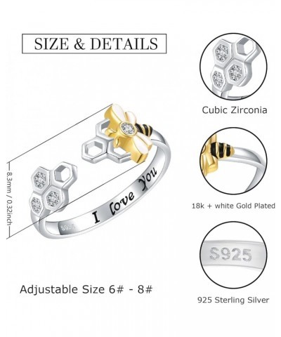 925-Sterling-Silver Honeycomb Bumble Bee Ring - I Love You Adjustable Gold Bee Rings with Enamel CZ Cute Animal Nature Beehiv...