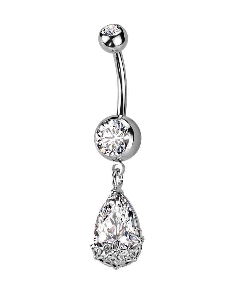 14GA Stainless Steel Floral Dangling Pear Shaped CZ Crystal Belly Button Ring Silver Tone $8.21 Body Jewelry