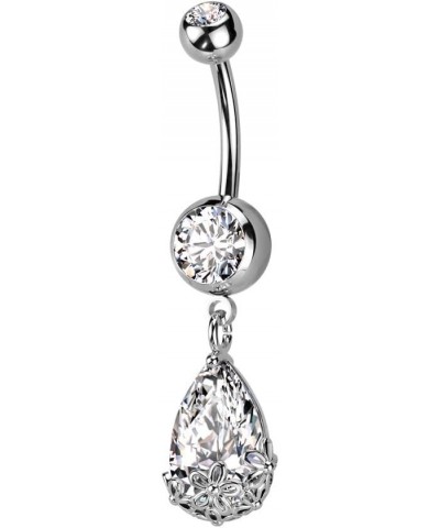 14GA Stainless Steel Floral Dangling Pear Shaped CZ Crystal Belly Button Ring Silver Tone $8.21 Body Jewelry