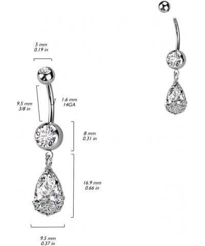 14GA Stainless Steel Floral Dangling Pear Shaped CZ Crystal Belly Button Ring Silver Tone $8.21 Body Jewelry