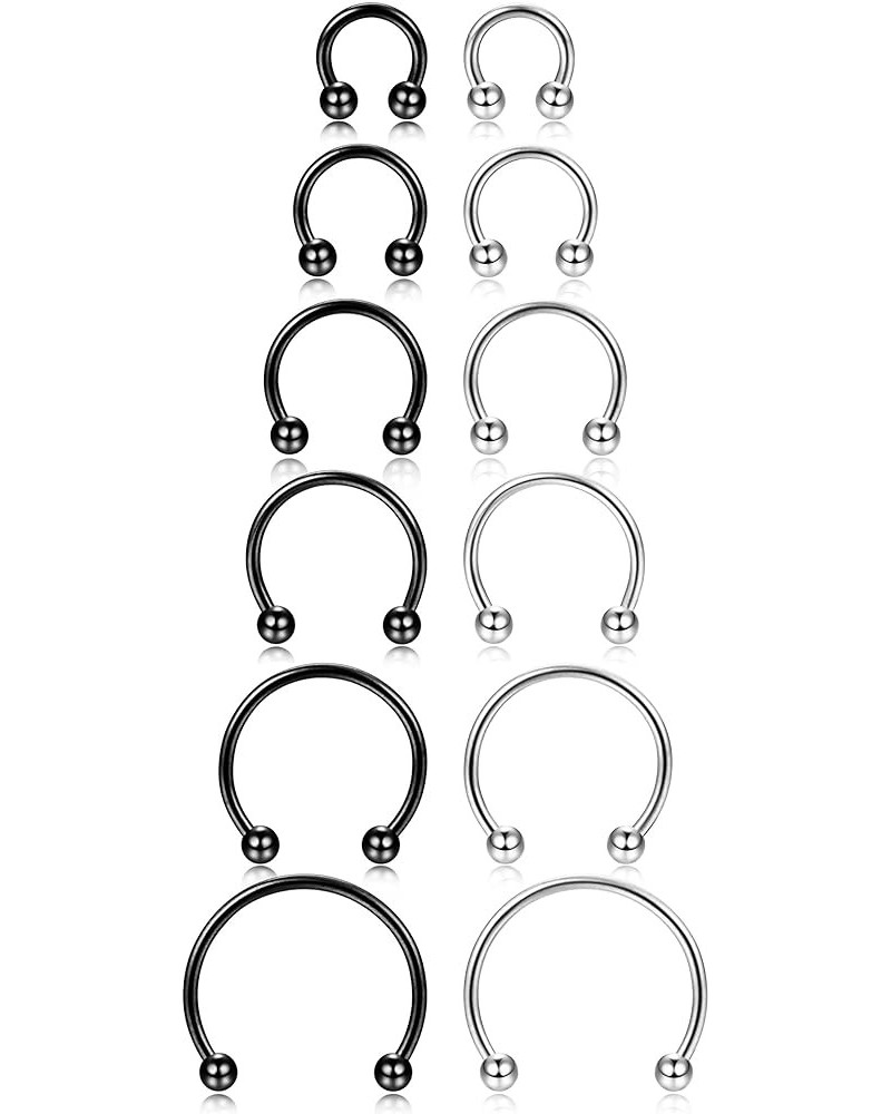 12Pcs 14-16G Stainless Steel Nose Rings Septum Piercing Cartilage Horseshoe Earring Body Piercing 6MM-16MM A:12PCS,16G Silver...