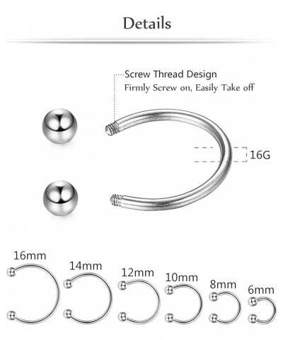 12Pcs 14-16G Stainless Steel Nose Rings Septum Piercing Cartilage Horseshoe Earring Body Piercing 6MM-16MM A:12PCS,16G Silver...