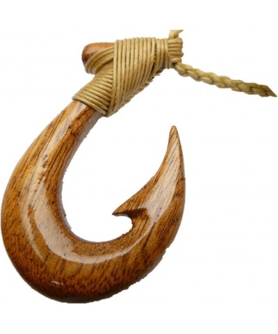 Hand Carved Natural Hawaii Koa Wood Fish Hook Fishhook/Hei Matau Pendant Artistically Knotted w/Adjustable Brown Hemp Cord Ne...