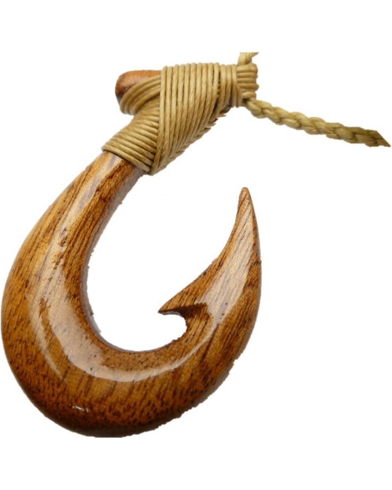 Hand Carved Natural Hawaii Koa Wood Fish Hook Fishhook/Hei Matau Pendant Artistically Knotted w/Adjustable Brown Hemp Cord Ne...