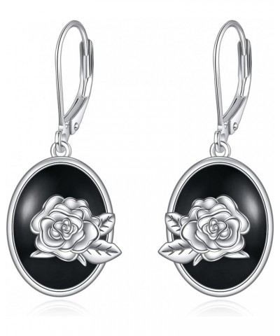 Black Onyx Drop Earrings Sterling Silver Rose Flower Leverback Oval Dangle Earrings Jewelry Gifts for Women Girls $20.51 Earr...